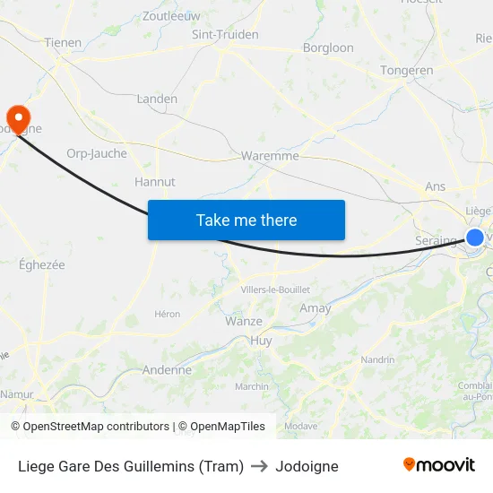 Liege Gare Des Guillemins (Tram) to Jodoigne map