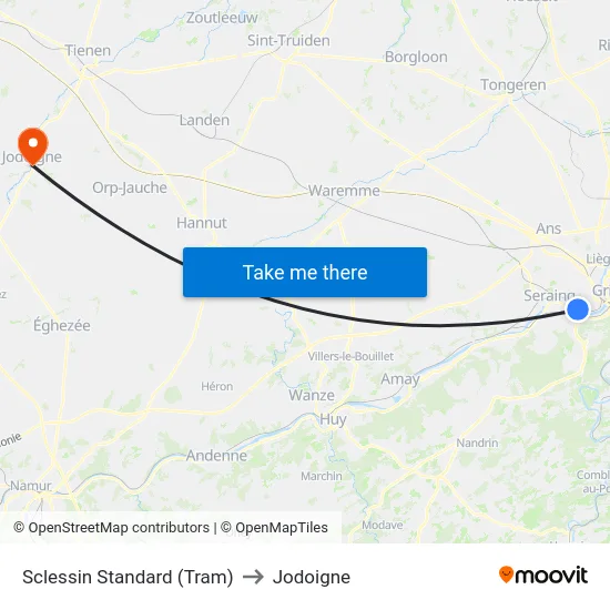 Sclessin Standard (Tram) to Jodoigne map