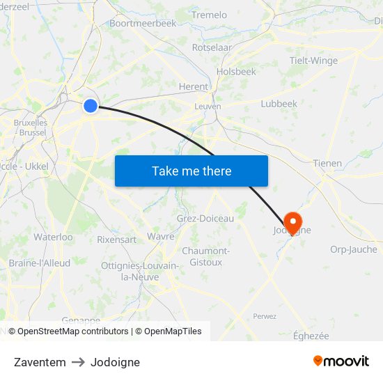 Zaventem to Jodoigne map