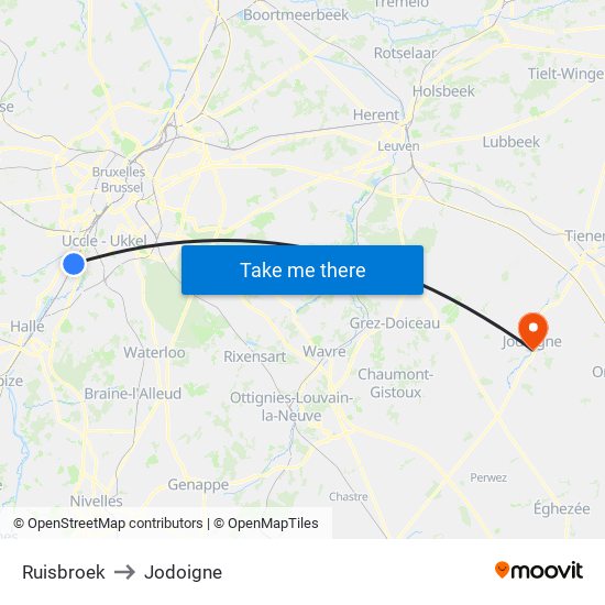 Ruisbroek to Jodoigne map