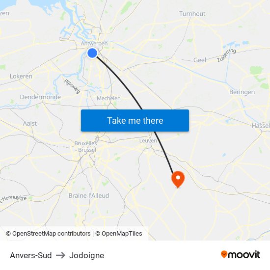 Anvers-Sud to Jodoigne map