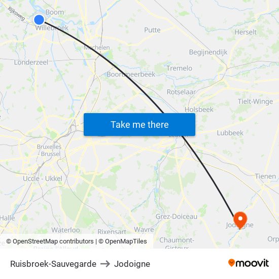 Ruisbroek-Sauvegarde to Jodoigne map