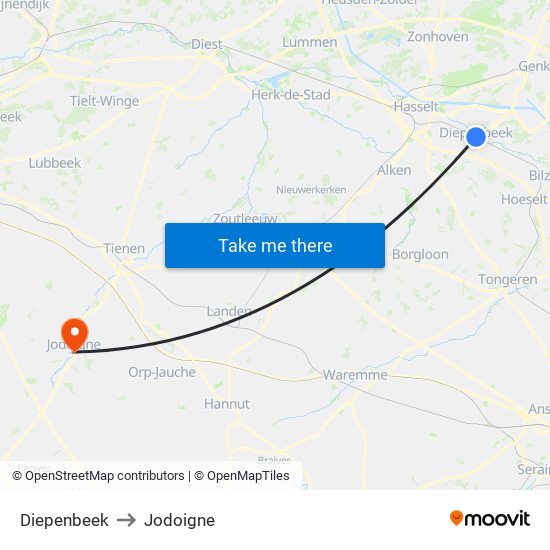 Diepenbeek to Jodoigne map