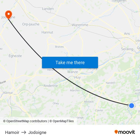 Hamoir to Jodoigne map