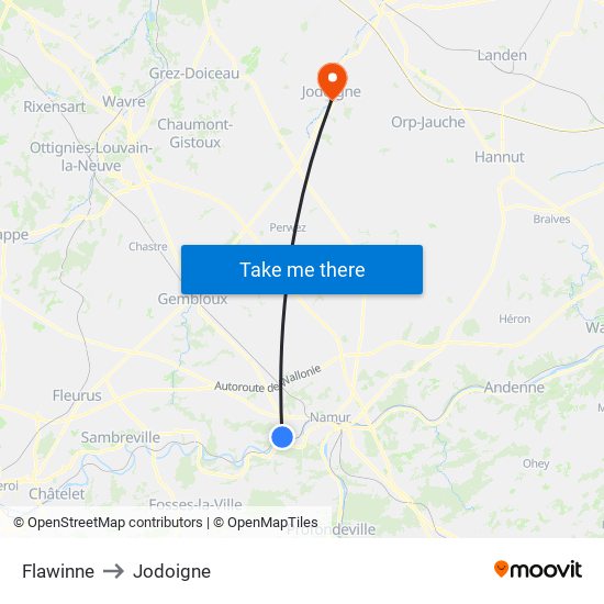 Flawinne to Jodoigne map