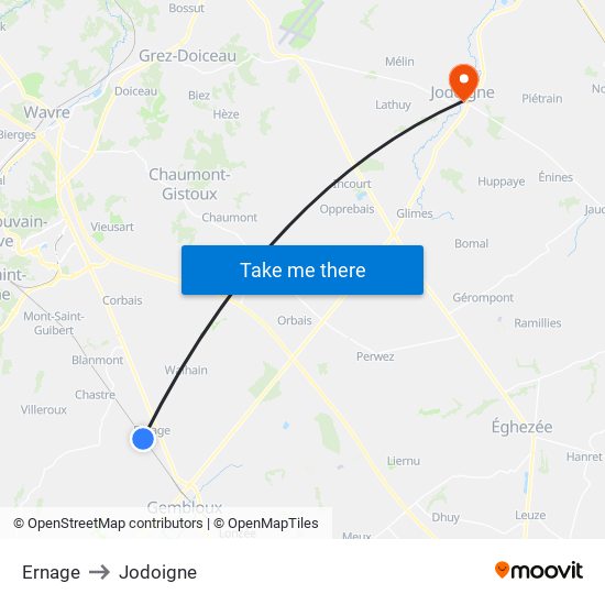 Ernage to Jodoigne map