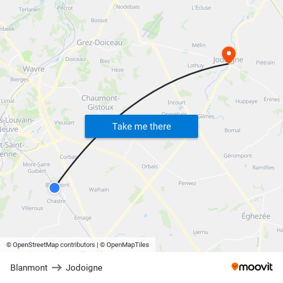 Blanmont to Jodoigne map