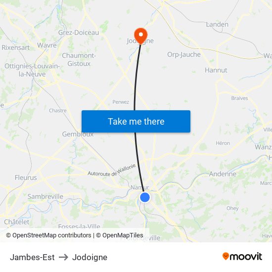 Jambes-Est to Jodoigne map