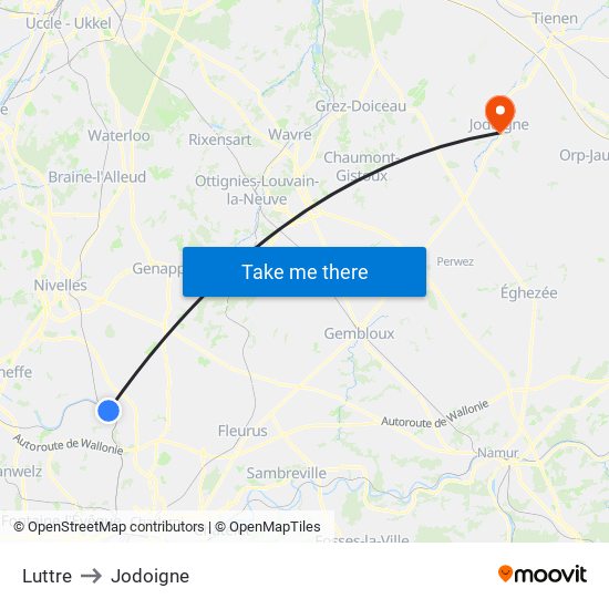 Luttre to Jodoigne map