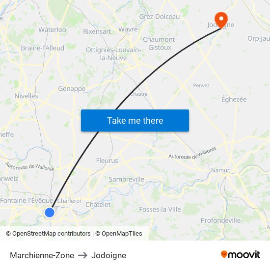 Marchienne-Zone to Jodoigne map