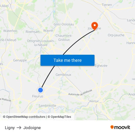 Ligny to Jodoigne map