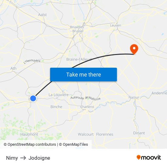 Nimy to Jodoigne map