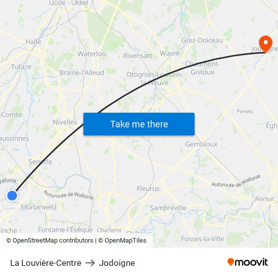 La Louvière-Centre to Jodoigne map