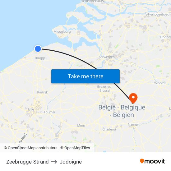 Zeebrugge-Strand to Jodoigne map