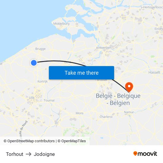 Torhout to Jodoigne map
