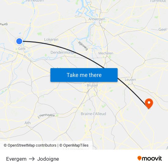 Evergem to Jodoigne map