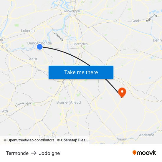 Termonde to Jodoigne map