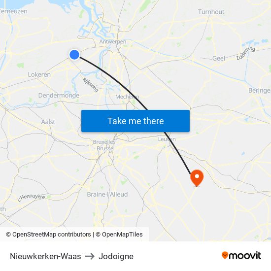 Nieuwkerken-Waas to Jodoigne map