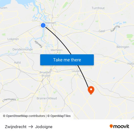 Zwijndrecht to Jodoigne map