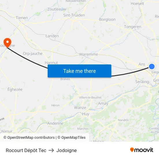 Rocourt Dépôt Tec to Jodoigne map