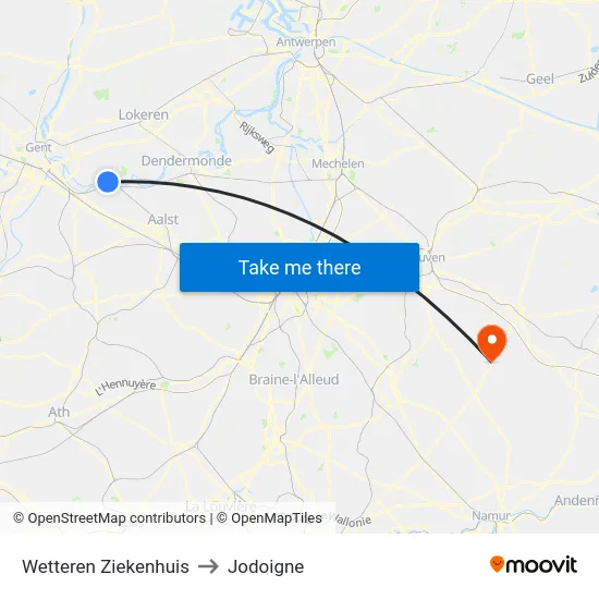 Wetteren Ziekenhuis to Jodoigne map