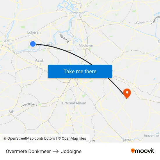 Overmere Donkmeer to Jodoigne map