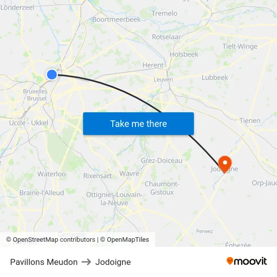Pavillons Meudon to Jodoigne map