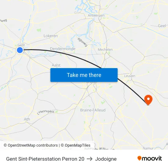 Gent Sint-Pietersstation Perron 20 to Jodoigne map