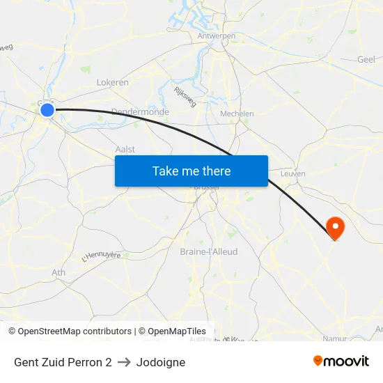 Gent Zuid Perron 2 to Jodoigne map