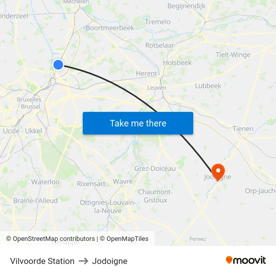 Vilvoorde Station to Jodoigne map