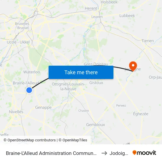 Braine-L'Alleud Administration Communale to Jodoigne map