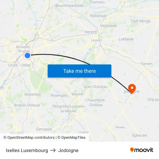 Ixelles Luxembourg to Jodoigne map