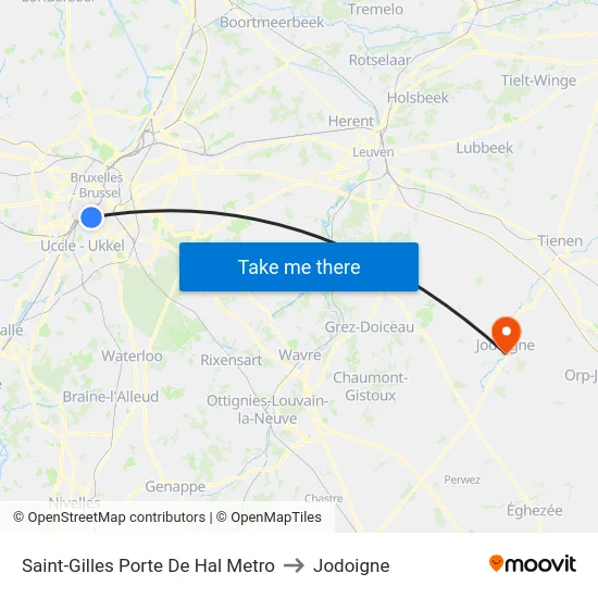 Saint-Gilles Porte De Hal Metro to Jodoigne map