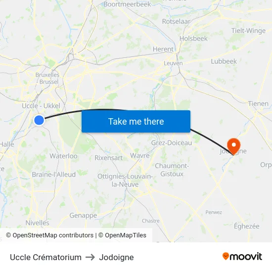 Uccle Crématorium to Jodoigne map