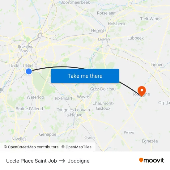 Uccle Place Saint-Job to Jodoigne map