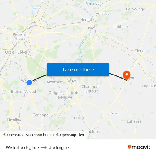 Waterloo Eglise to Jodoigne map