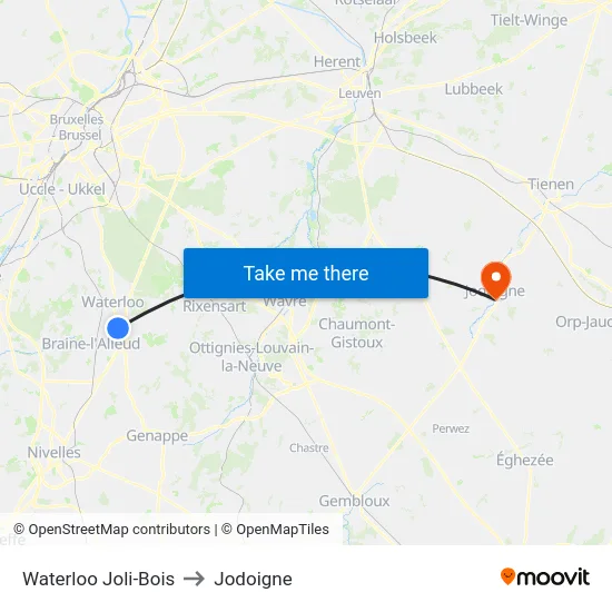 Waterloo Joli-Bois to Jodoigne map