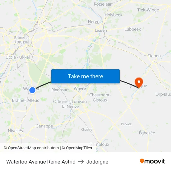 Waterloo Avenue Reine Astrid to Jodoigne map
