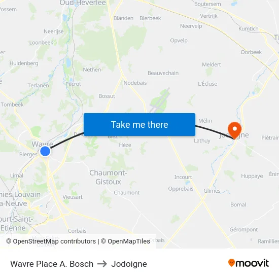Wavre Place A. Bosch to Jodoigne map