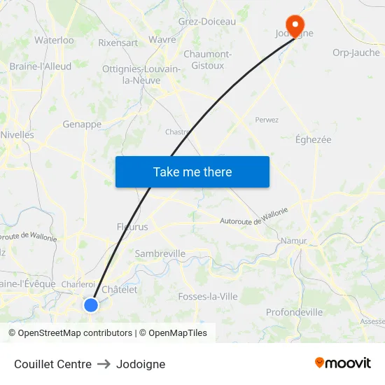 Couillet Centre to Jodoigne map