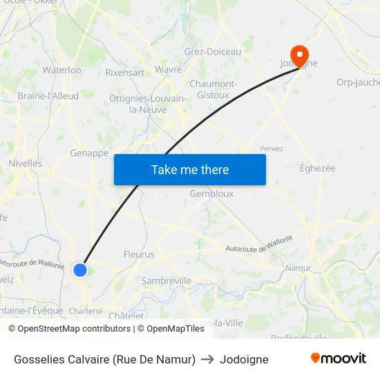 Gosselies Calvaire (Rue De Namur) to Jodoigne map