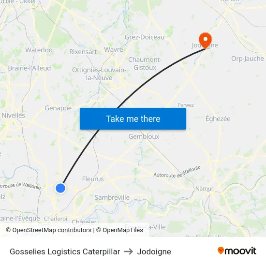 Gosselies Logistics Caterpillar to Jodoigne map