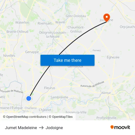 Jumet Madeleine to Jodoigne map