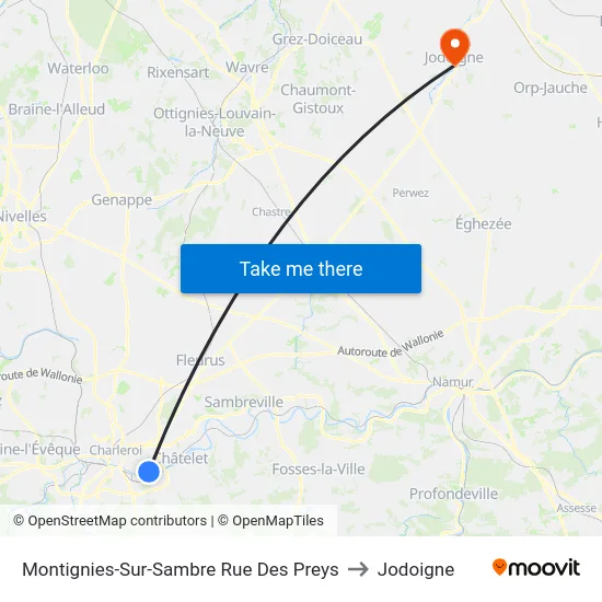 Montignies-Sur-Sambre Rue Des Preys to Jodoigne map