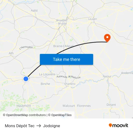 Mons Dépôt Tec to Jodoigne map