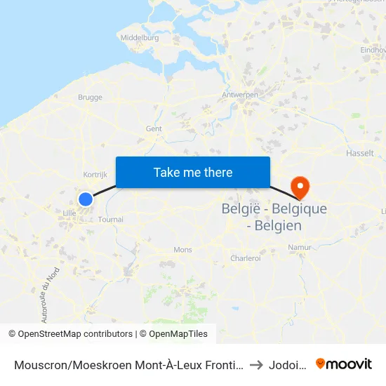 Mouscron Mont-À-Leux Border to Jodoigne map