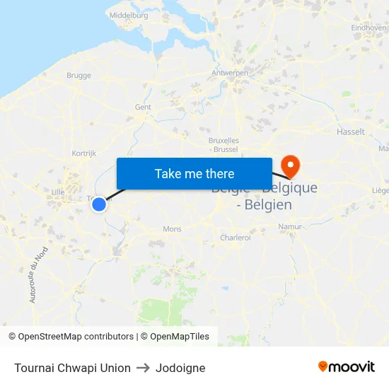 Tournai Chwapi Union to Jodoigne map