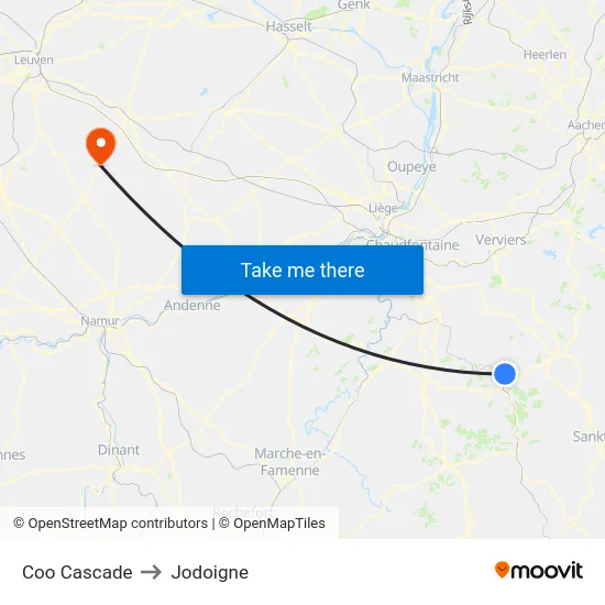 Coo Cascade to Jodoigne map