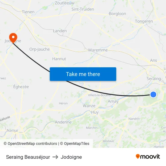 Seraing Beauséjour to Jodoigne map