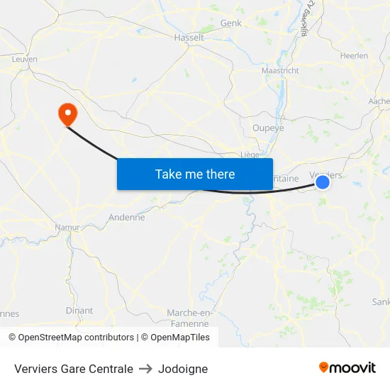 Verviers Gare Centrale to Jodoigne map